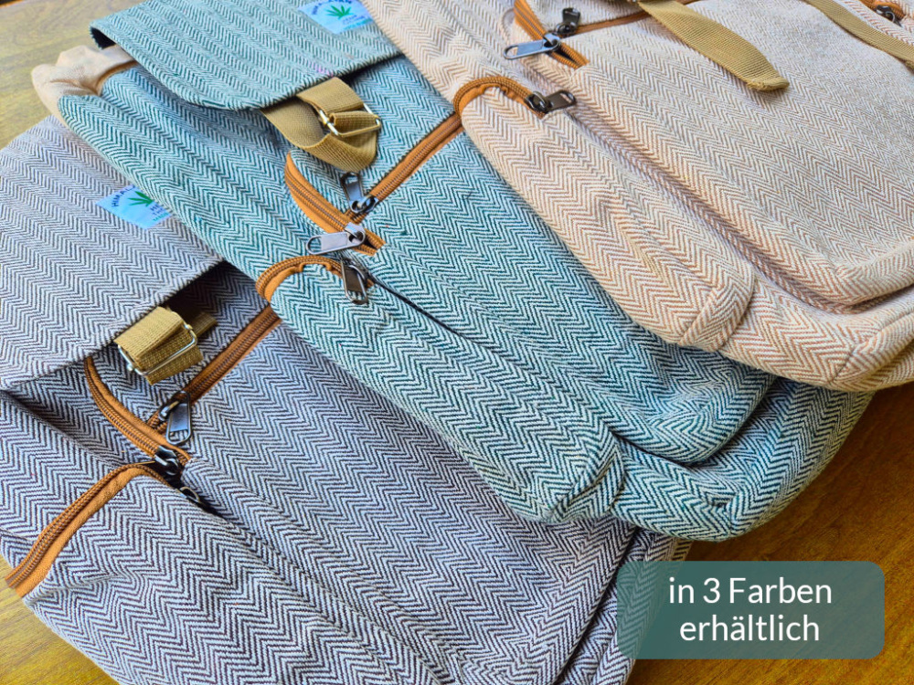 Preview: Hanf-Rucksack | Schlichtes Design | funktional | Grün, Aschbraun oder Natur | Nepal